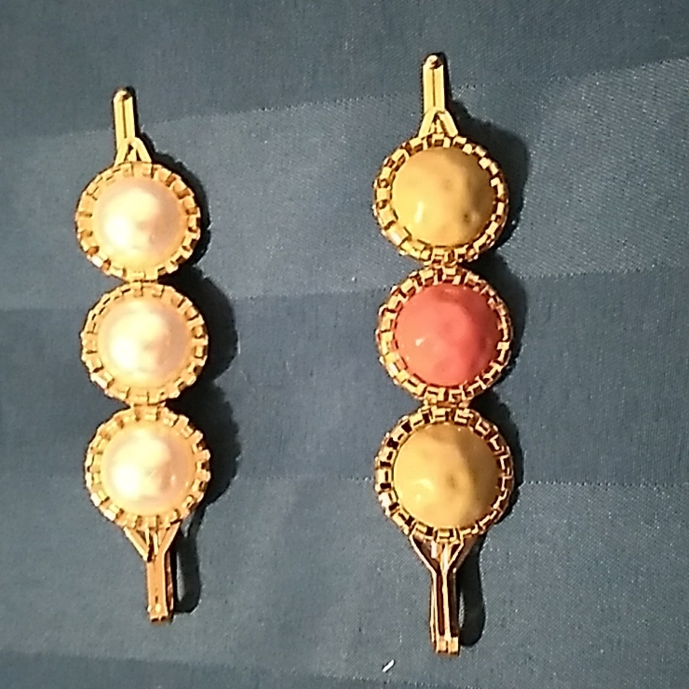 Multicolored faux pearl and stone and gold barrettes pair